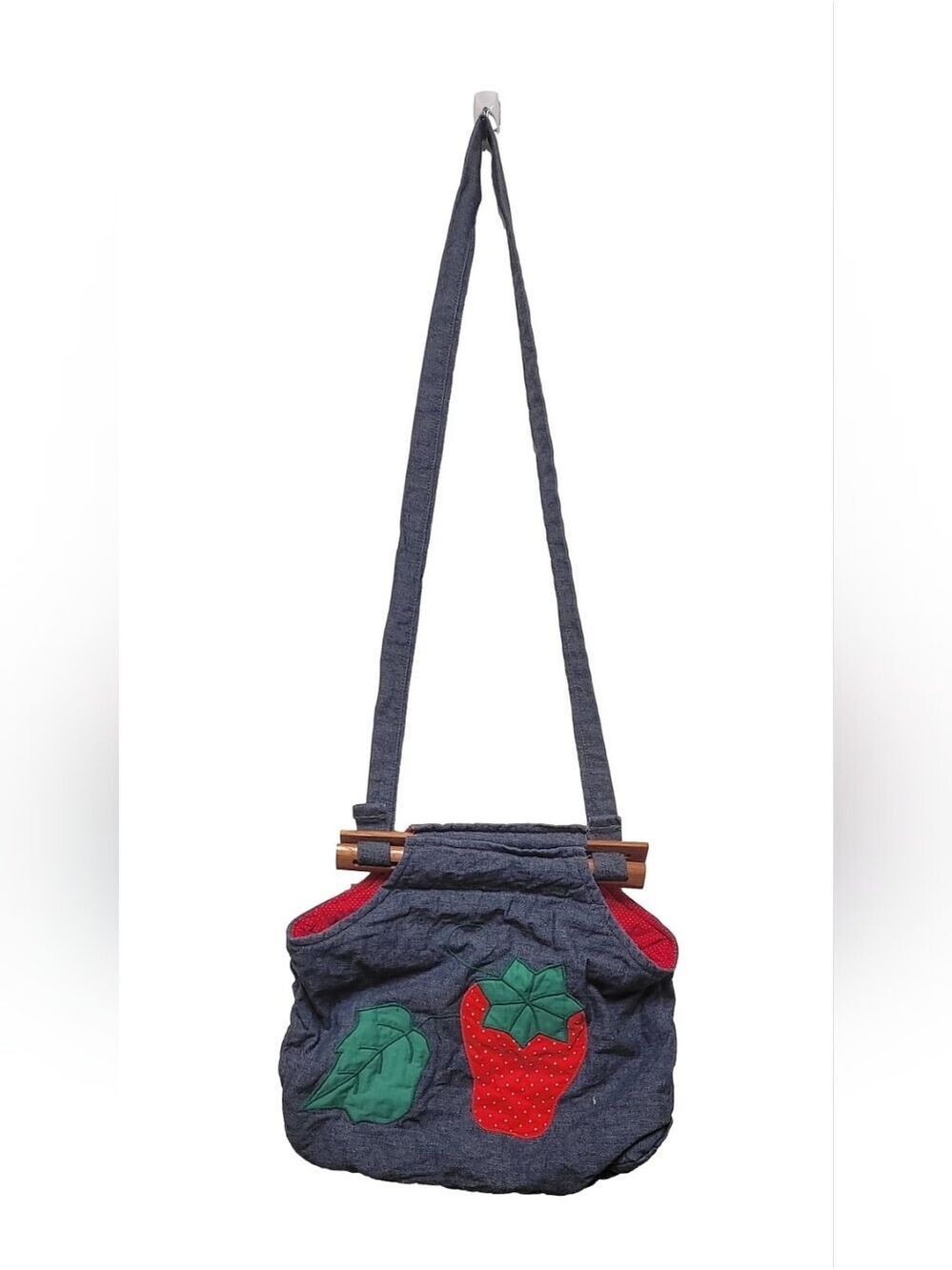 Women’s Denim Crossbody Bag with Strawberry Appliqué - Blue